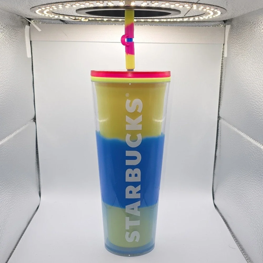 Starbucks 2022 Multicolor Advertising Cup Blue Yellow Pink Straw Coffee‎ & Tea